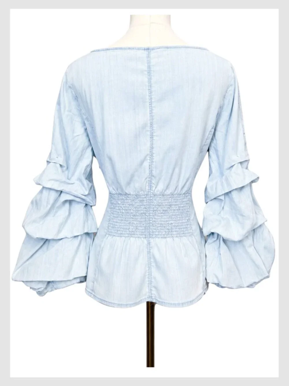 White House Black Market Denim Tencel Tie Waist Blouse Light Blue 10 L - Picture 5 of 10
